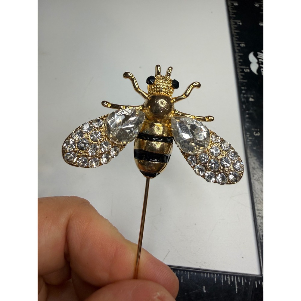 Gold Tone Rhinestone Honey Bee Stick Pin Hat Lapel Crystal Enamel Insect Brooch